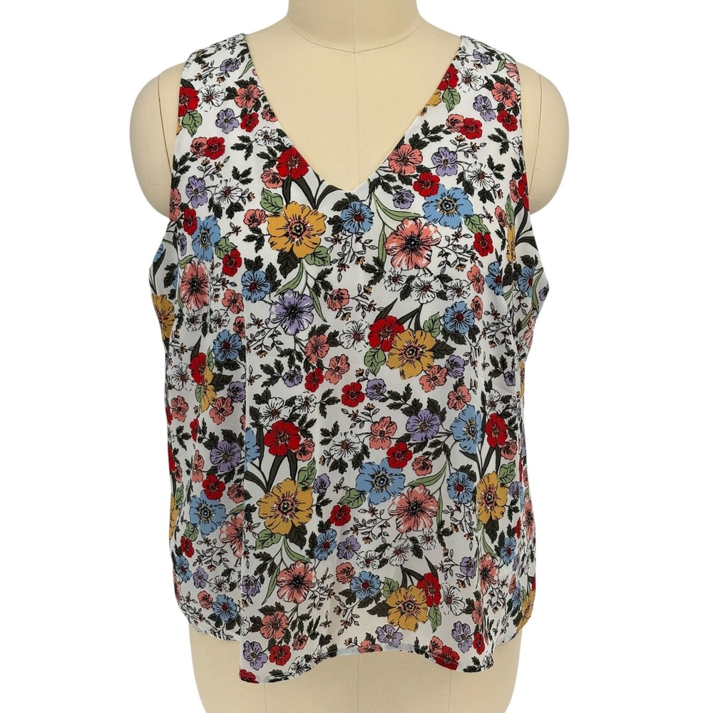Ophelia Roe Sleeveless Blouse White Floral V-Neck Lined Top 2X